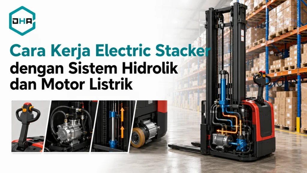 Cara kerja Electric Stacker dengan sistem hidrolik dan motor listrik untuk mengangkat serta memindahkan beban di gudang.