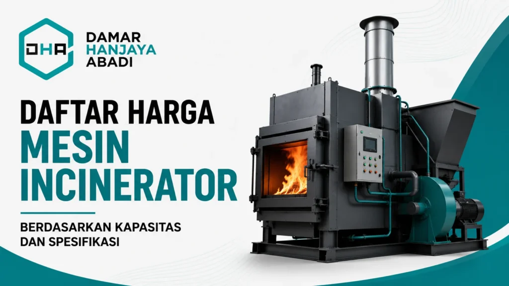 Feature image Daftar Harga Mesin Incinerator Berdasarkan Kapasitas dan Spesifikasi menampilkan ilustrasi mesin incinerator industri dan logo Damar Hanjaya Abadi.
