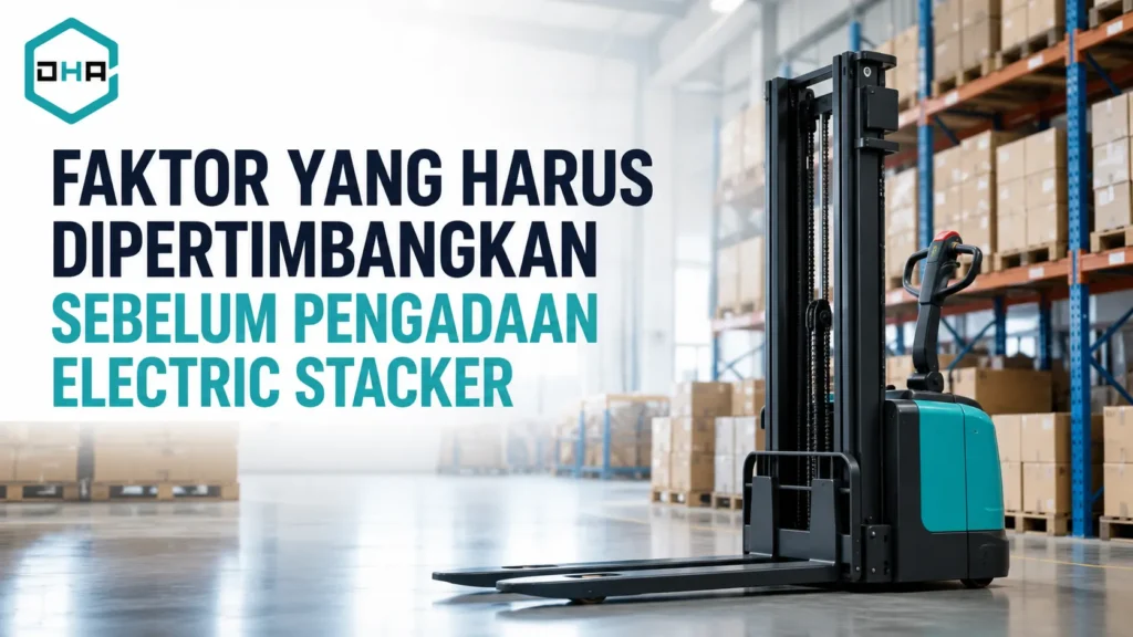 Pengadaan Electric Stacker dengan mempertimbangkan kapasitas angkat, tinggi lifting, dan spesifikasi sesuai kebutuhan operasional gudang.