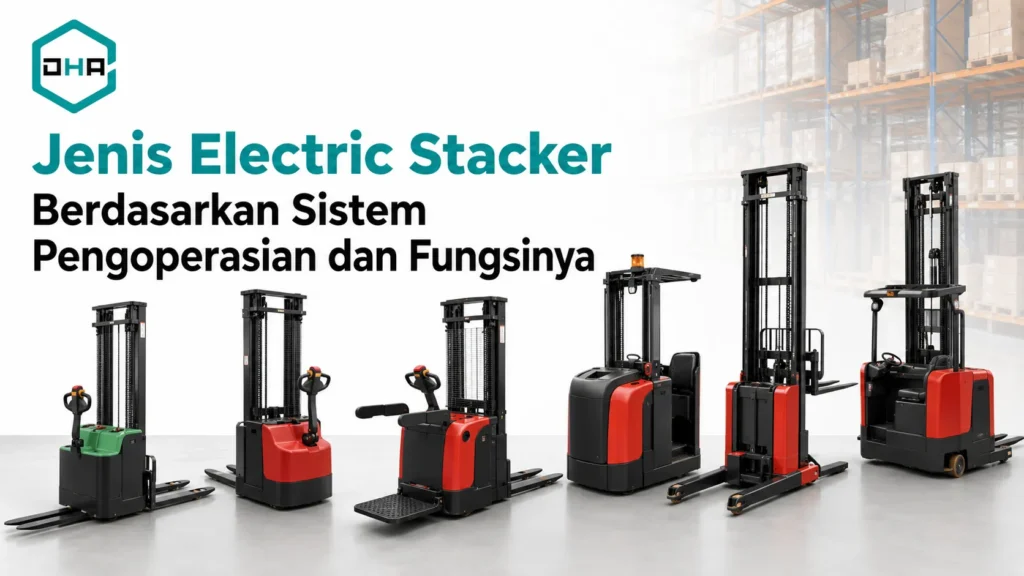 Jenis Electric Stacker berdasarkan sistem pengoperasian dan fungsinya untuk kebutuhan gudang dan material handling.