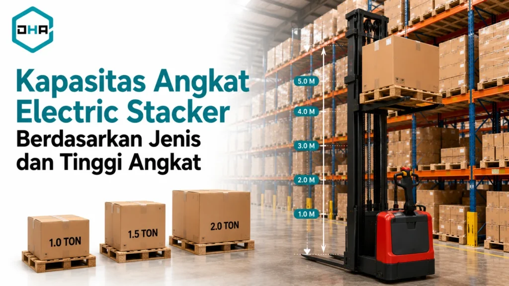 Kapasitas angkat Electric Stacker berdasarkan jenis dan tinggi angkat untuk operasional material handling di gudang.