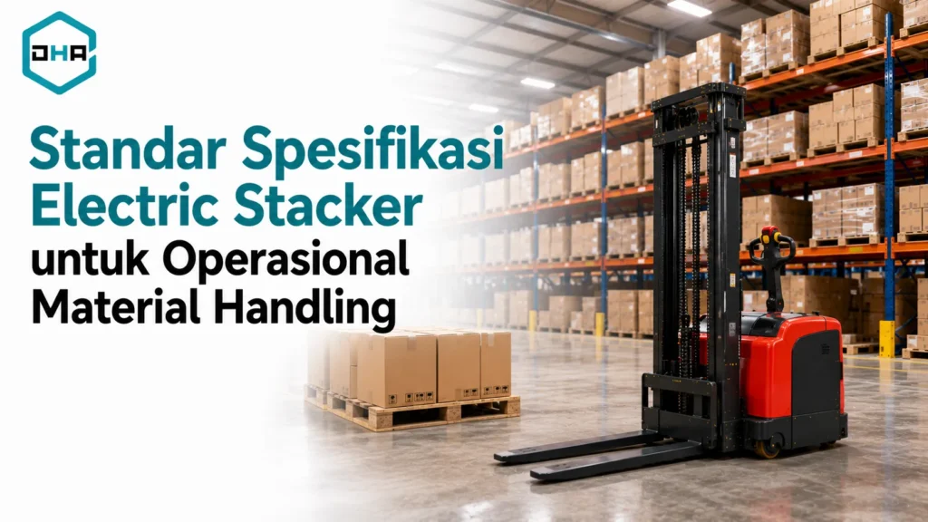 Standar spesifikasi Electric Stacker untuk operasional material handling di gudang.