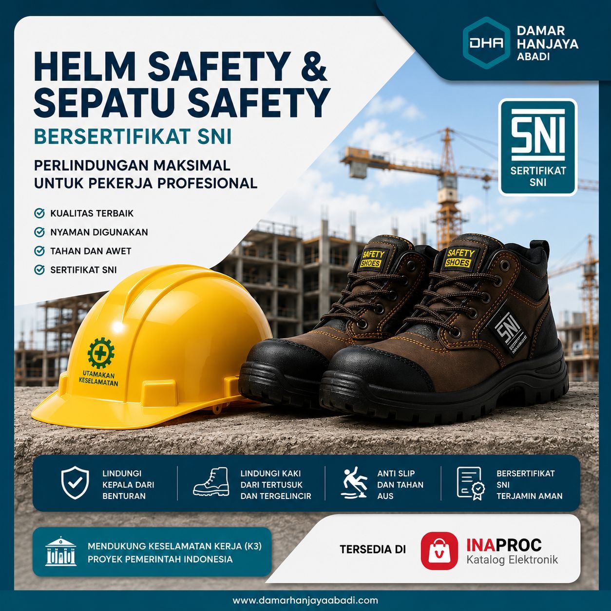 helm safety dan sepatu safety bersertifikat SNI untuk K3 proyek pemerintah