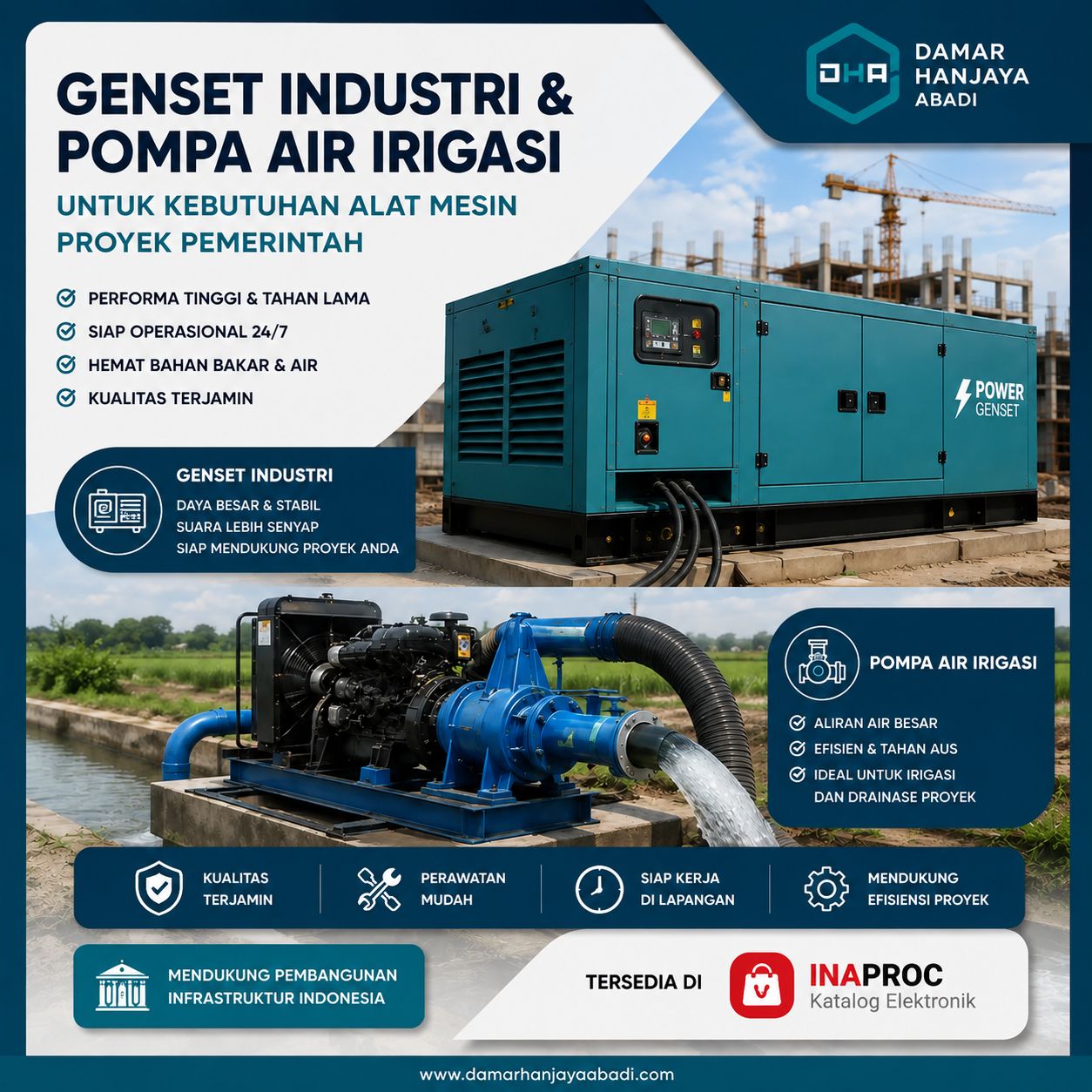 genset industri dan pompa air irigasi untuk kebutuhan alat mesin proyek pemerintah