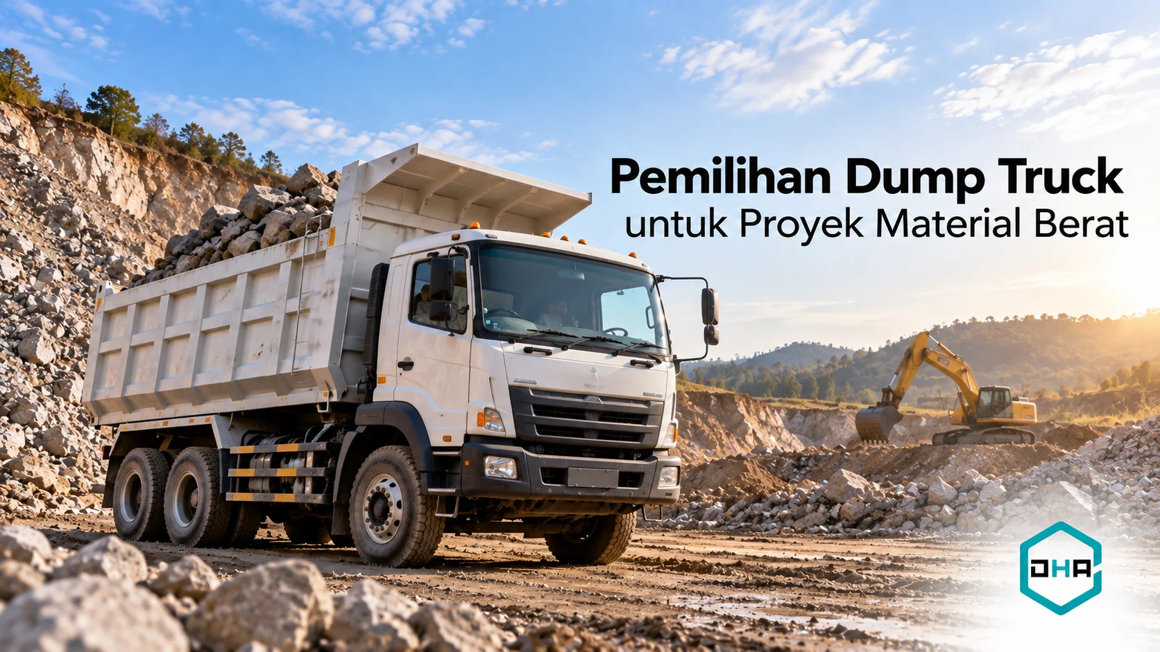 Dump truck tronton mengangkut material berat di area proyek konstruksi.