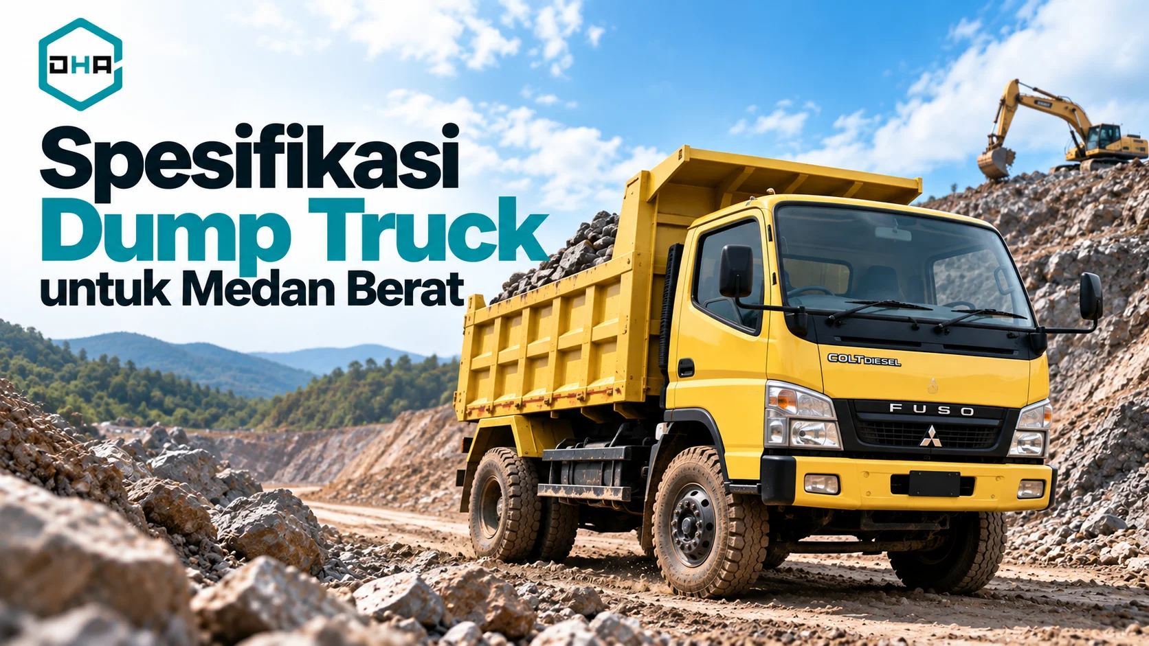 Harga dump truck Colt Diesel pengadaan pemerintah beroperasi di area tambang dengan muatan material dan kondisi jalan berbatu.