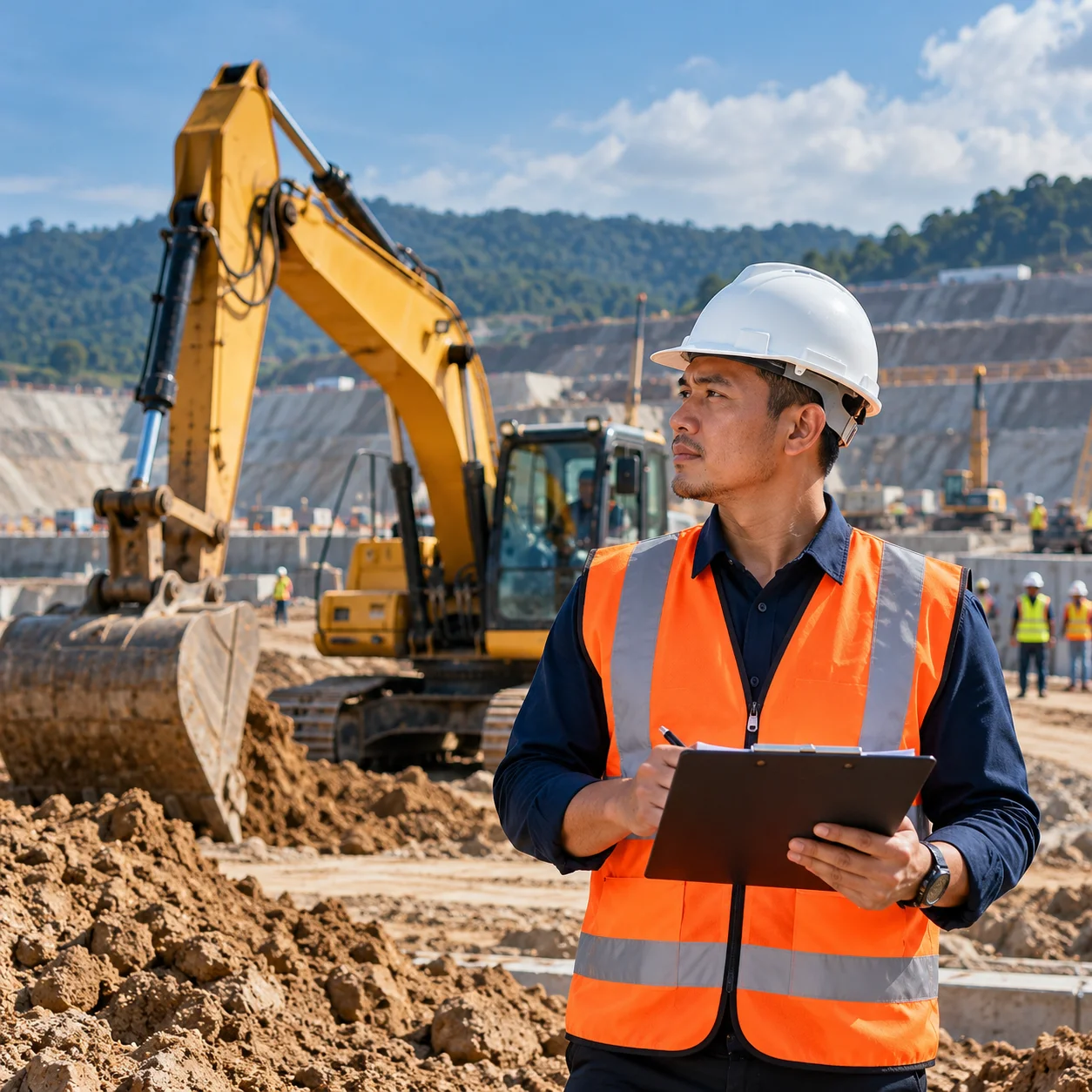 Petugas proyek memeriksa pekerjaan excavator di lokasi proyek infrastruktur untuk mendukung pengadaan alat berat pemerintah.